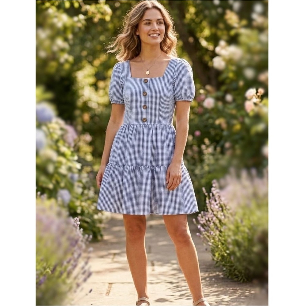 Cottagecore Babydoll Dress Womens M Blue Gingham Seersucker Picnic WAVERLY GREY